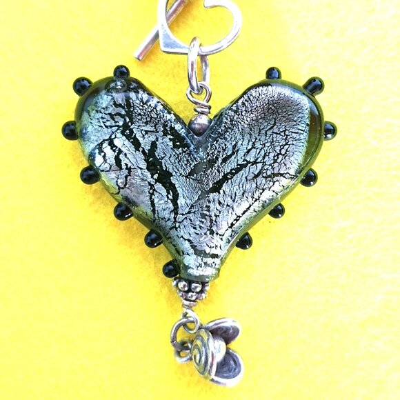 Vintage 925 Silver Handcrafted Art Glass Hematite Boho Heart Statement Necklace - Picture 11 of 14